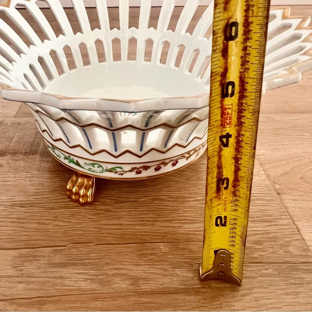 Vintage V.A Portugal Reticulated Gold Gilt Porcelain Lion Paw Footed Basket RARE